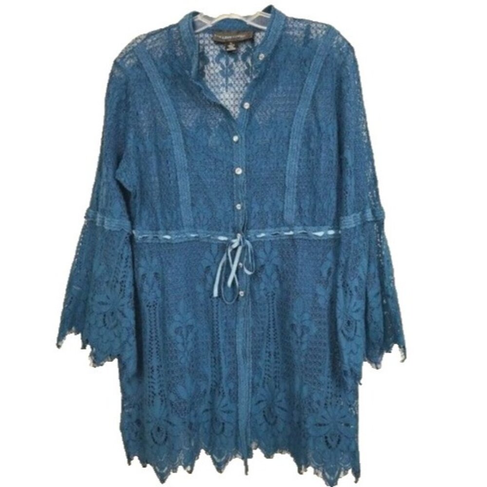 Colleen Lopez Womens Tunic Top Large Petite Teal Lace Bell Sleeve BOHO Romantic
